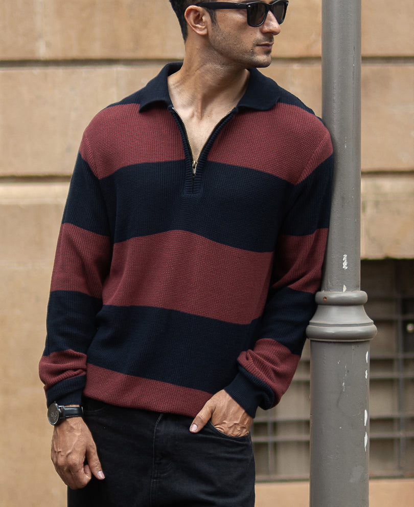 Brown And Navy Striped T-Shirt.