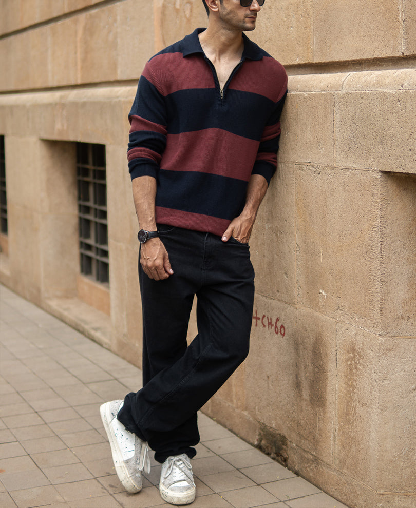 Brown And Navy Striped T-Shirt.