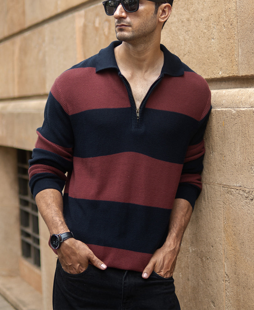Brown And Navy Striped T-Shirt.