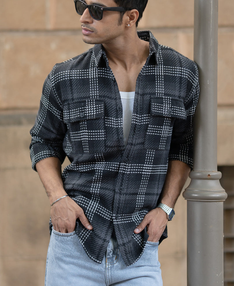 Black Structured Double Pockets Checked Shirt.