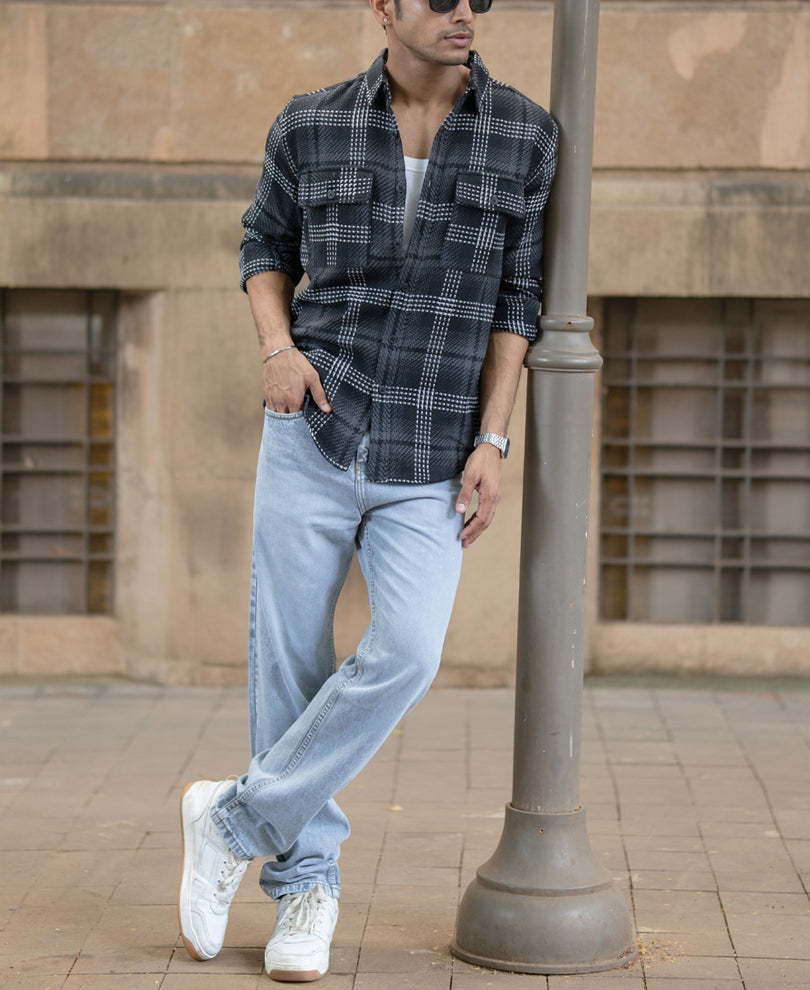 Black Structured Double Pockets Checked Shirt.
