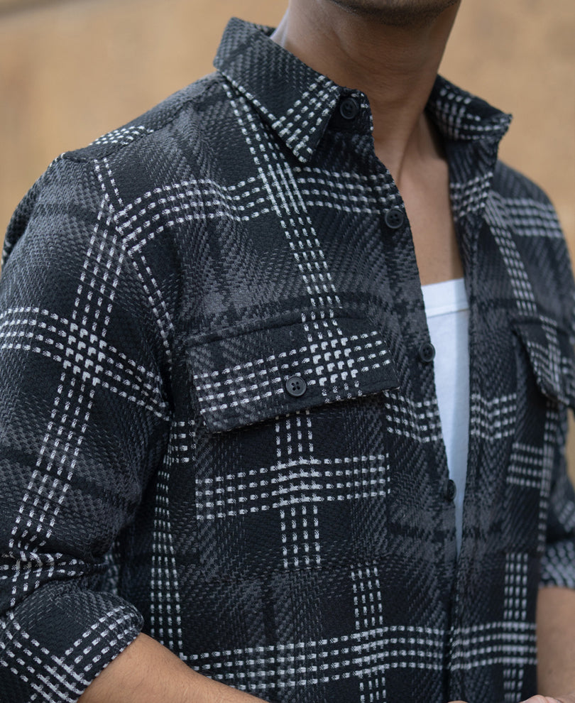 Black Structured Double Pockets Checked Shirt.