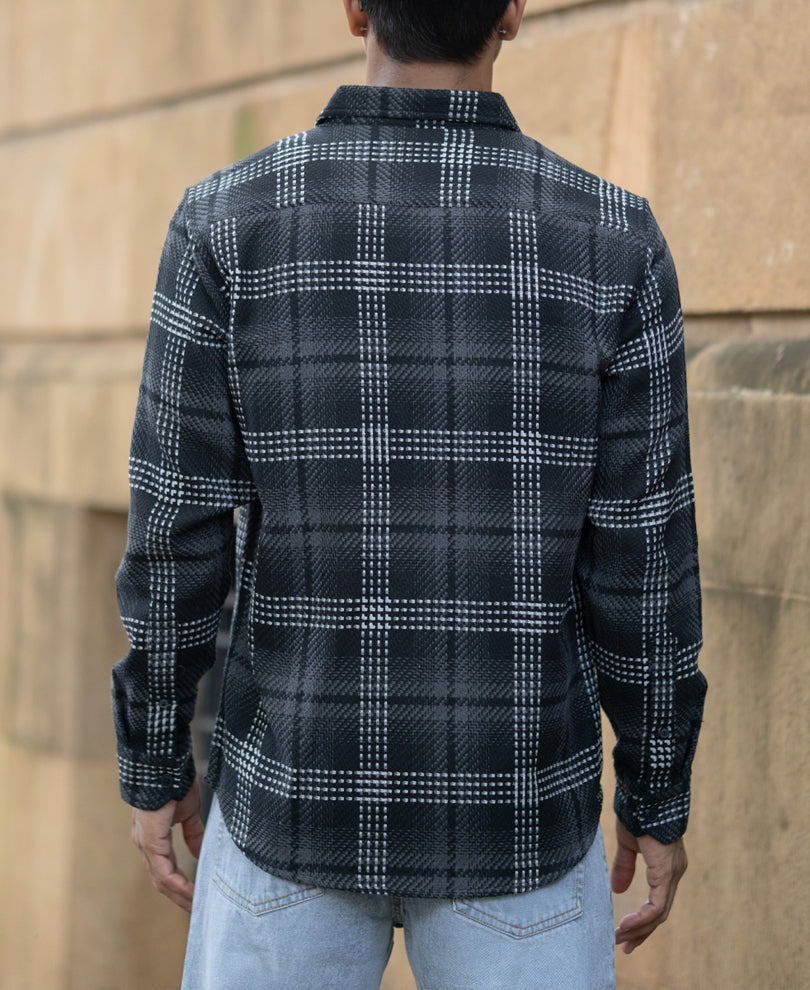 Black Structured Double Pockets Checked Shirt.
