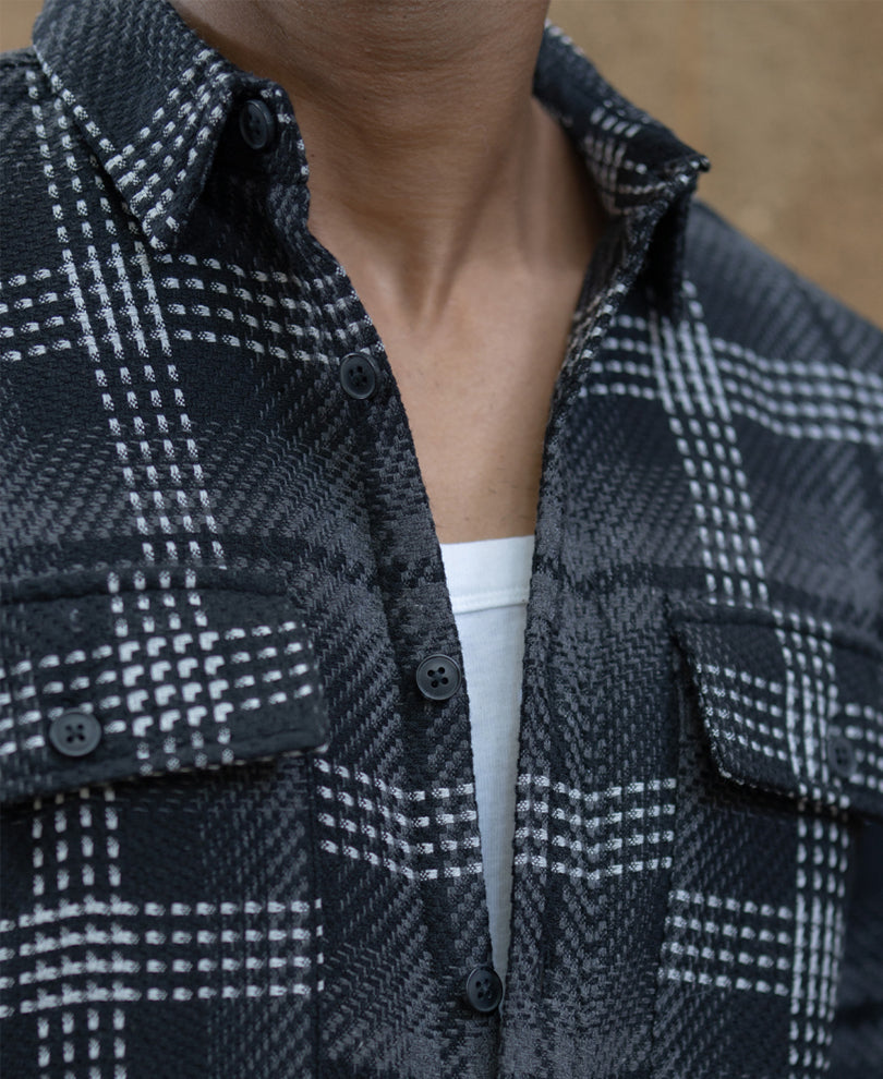 Black Structured Double Pockets Checked Shirt.