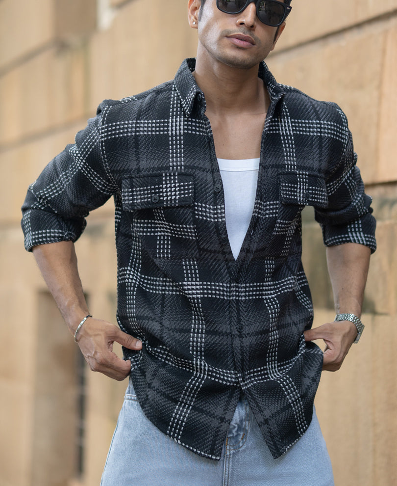Black Structured Double Pockets Checked Shirt.