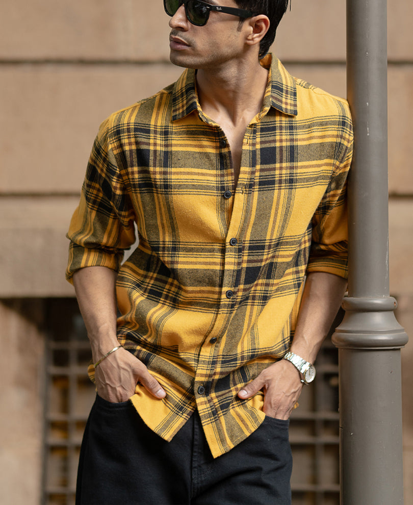 Mustard Brushed Checks Shirt.