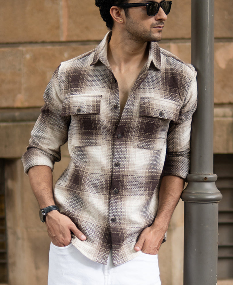 Beige Structured Checks Shirt.