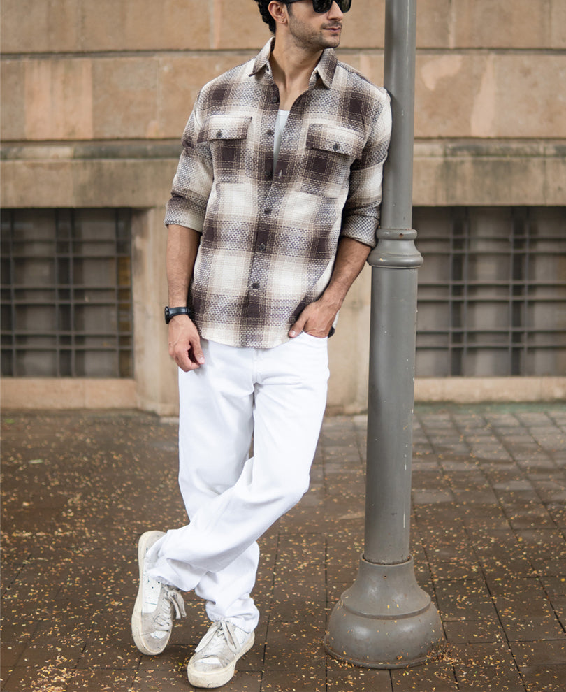 Beige Structured Checks Shirt.