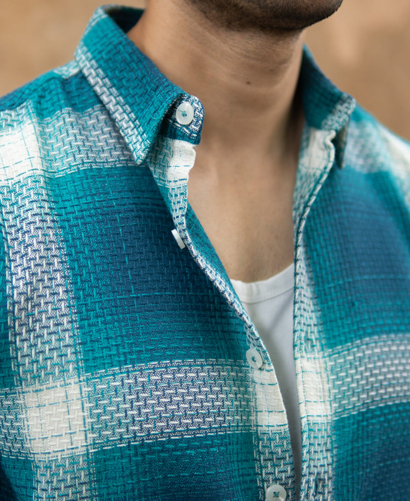 Blue Structured Checked Shirt.