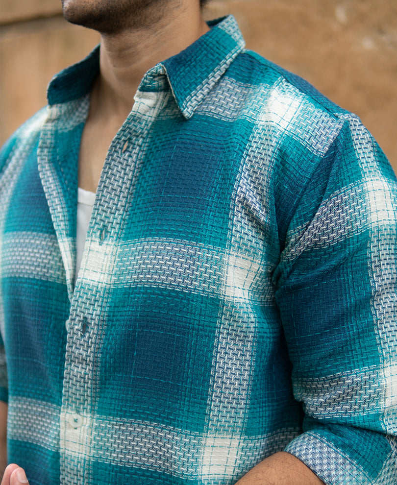 Blue Structured Checked Shirt.