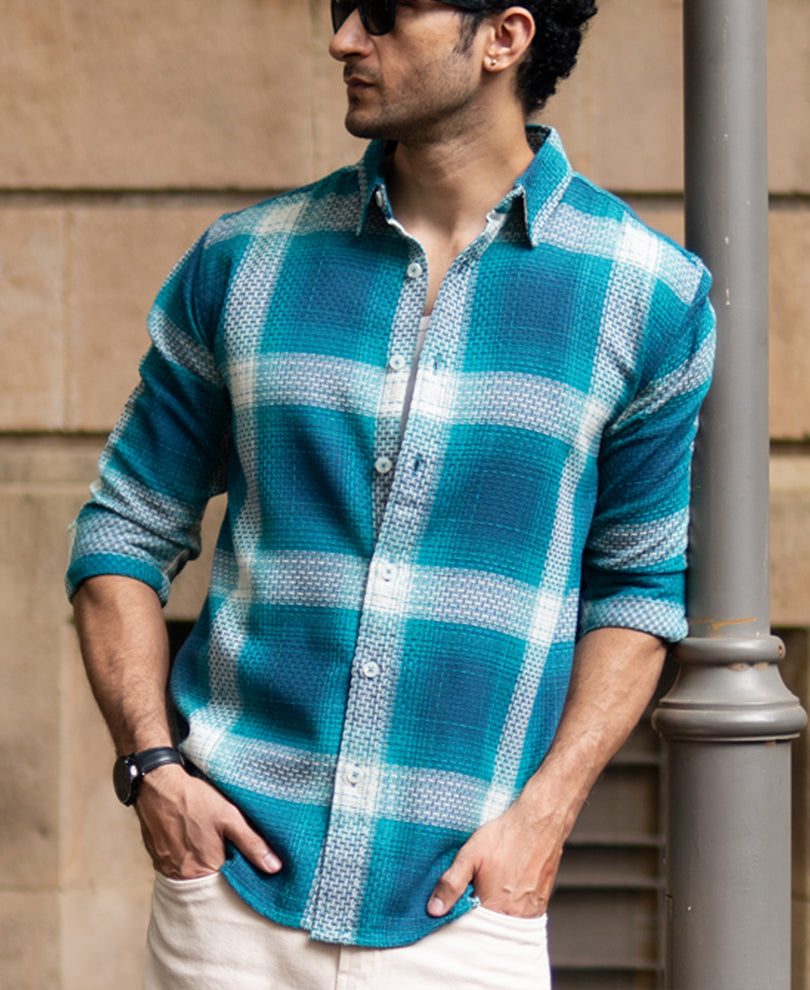 Blue Structured Checked Shirt.