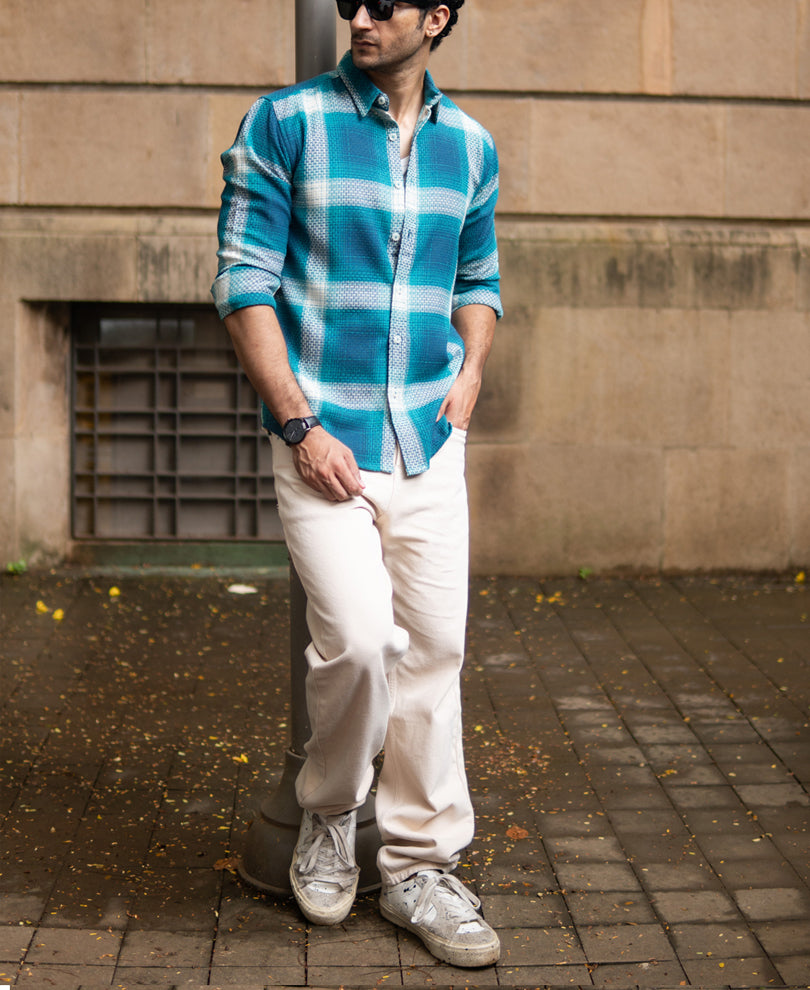 Blue Structured Checked Shirt.
