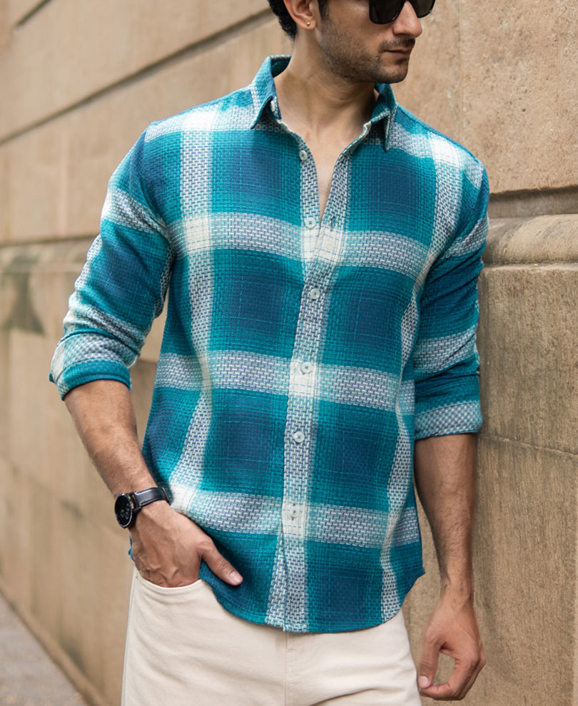 Blue Structured Checked Shirt.
