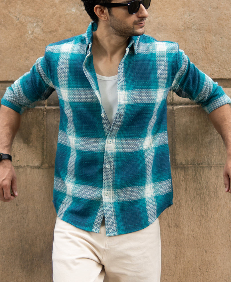 Blue Structured Checked Shirt.