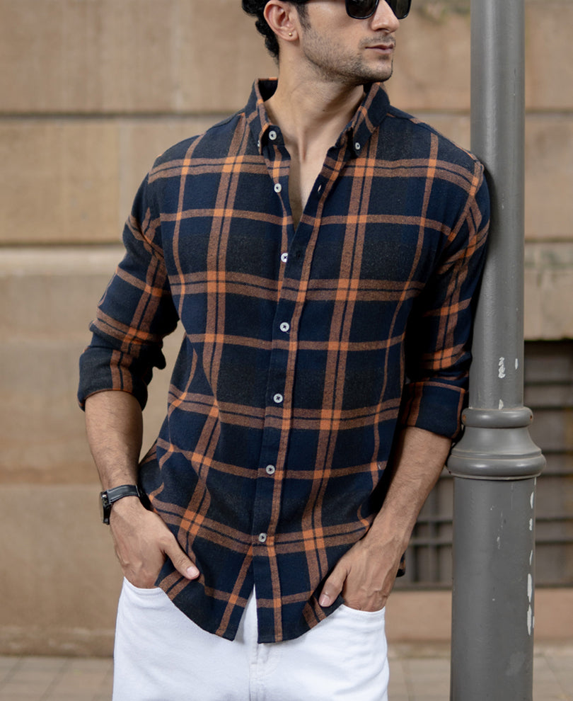 Navy Brushed Checks Shirt.