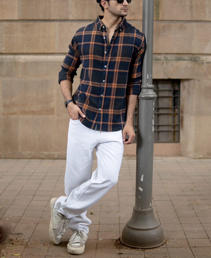 Navy Brushed Checks Shirt.