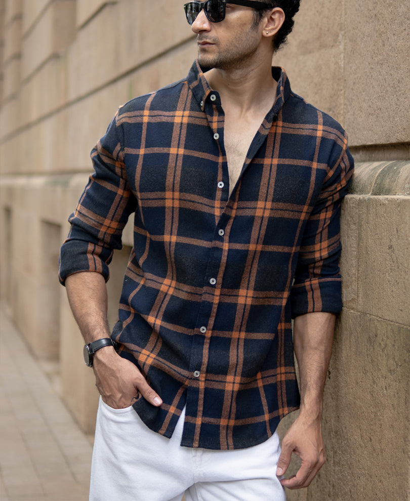 Navy Brushed Checks Shirt.