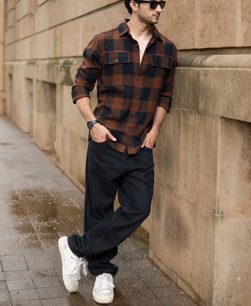 Brown And Black Checks Shirt.