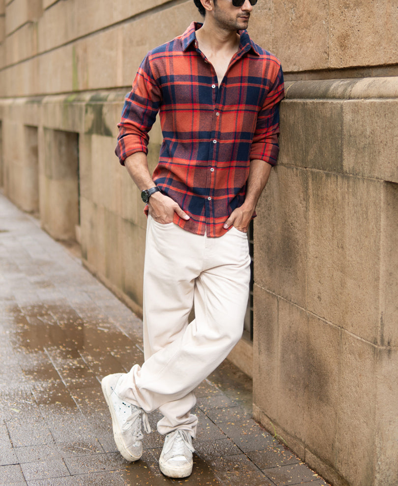 Rust And Navy Checks Shirt.