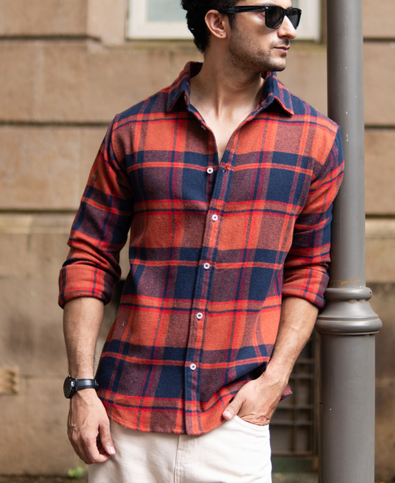 Rust And Navy Checks Shirt.
