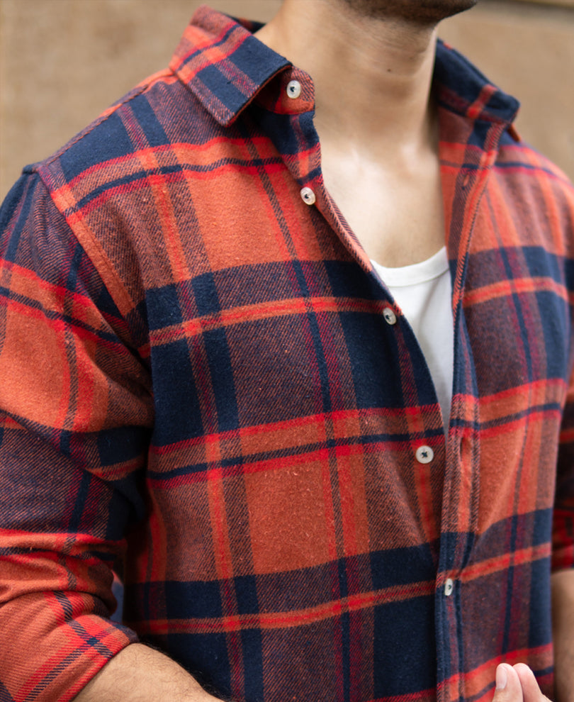 Rust And Navy Checks Shirt.
