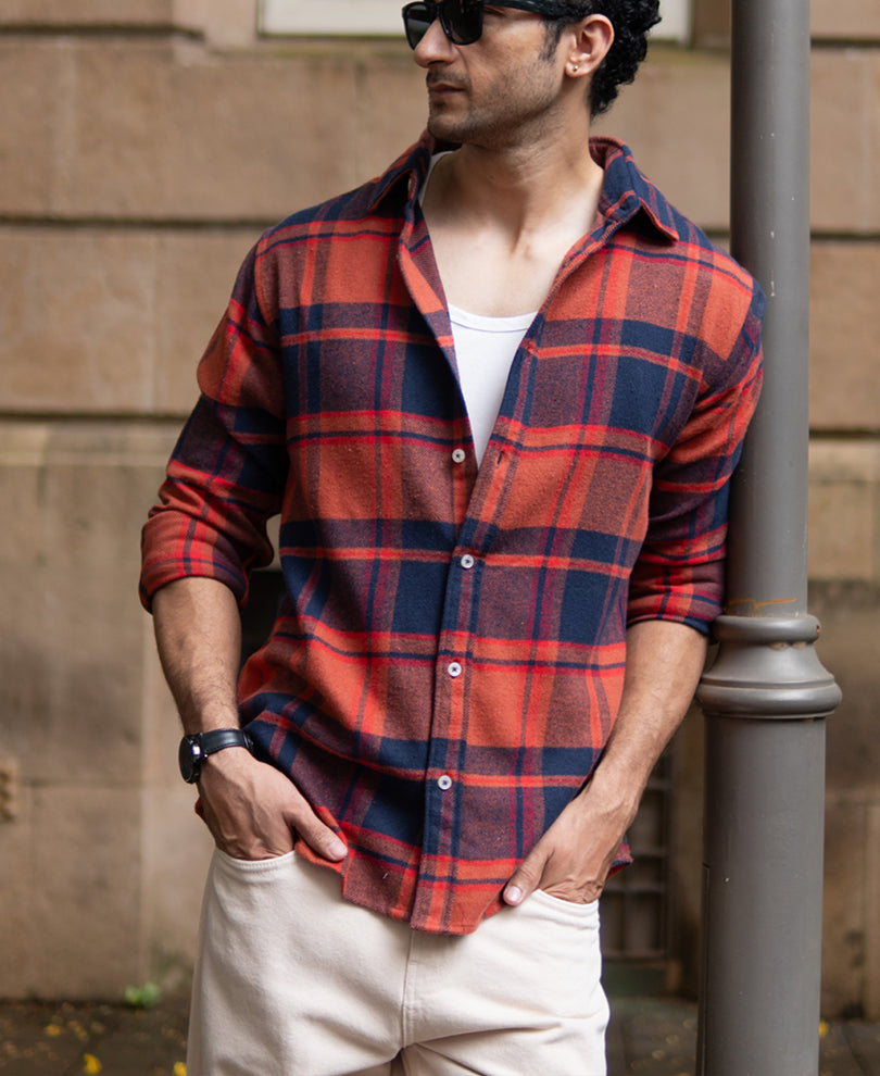 Rust And Navy Checks Shirt.