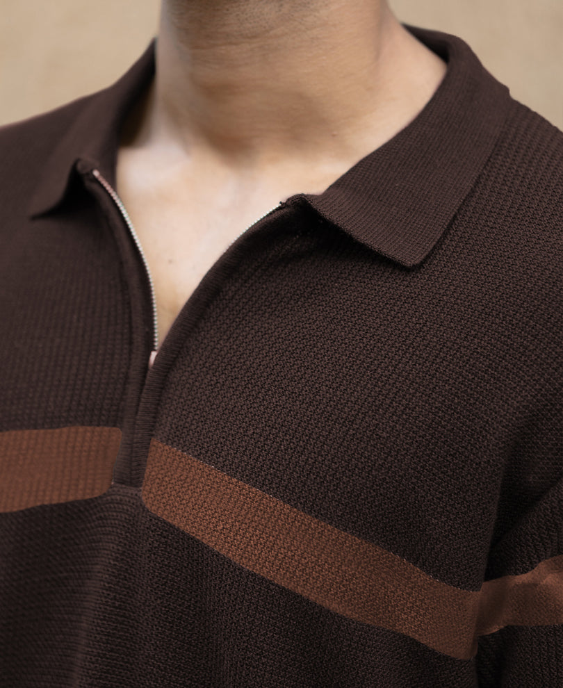 Coffee Brown Striped Knit T-Shirt.