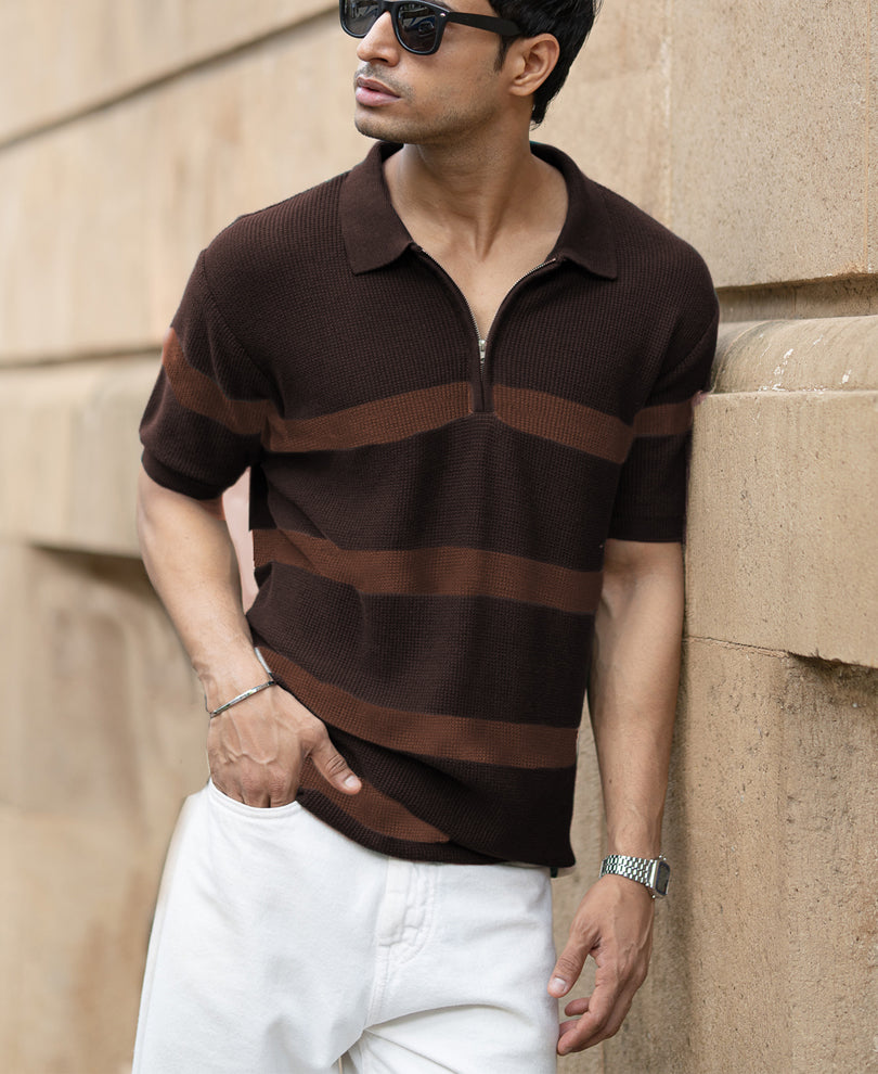 Coffee Brown Striped Knit T-Shirt.