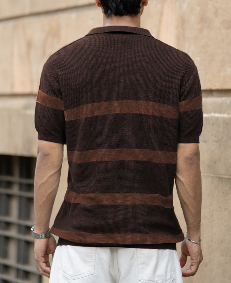 Coffee Brown Striped Knit T-Shirt.