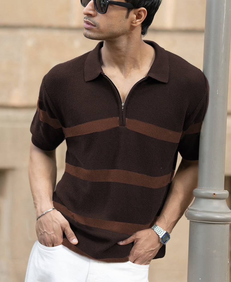 Coffee Brown Striped Knit T-Shirt.