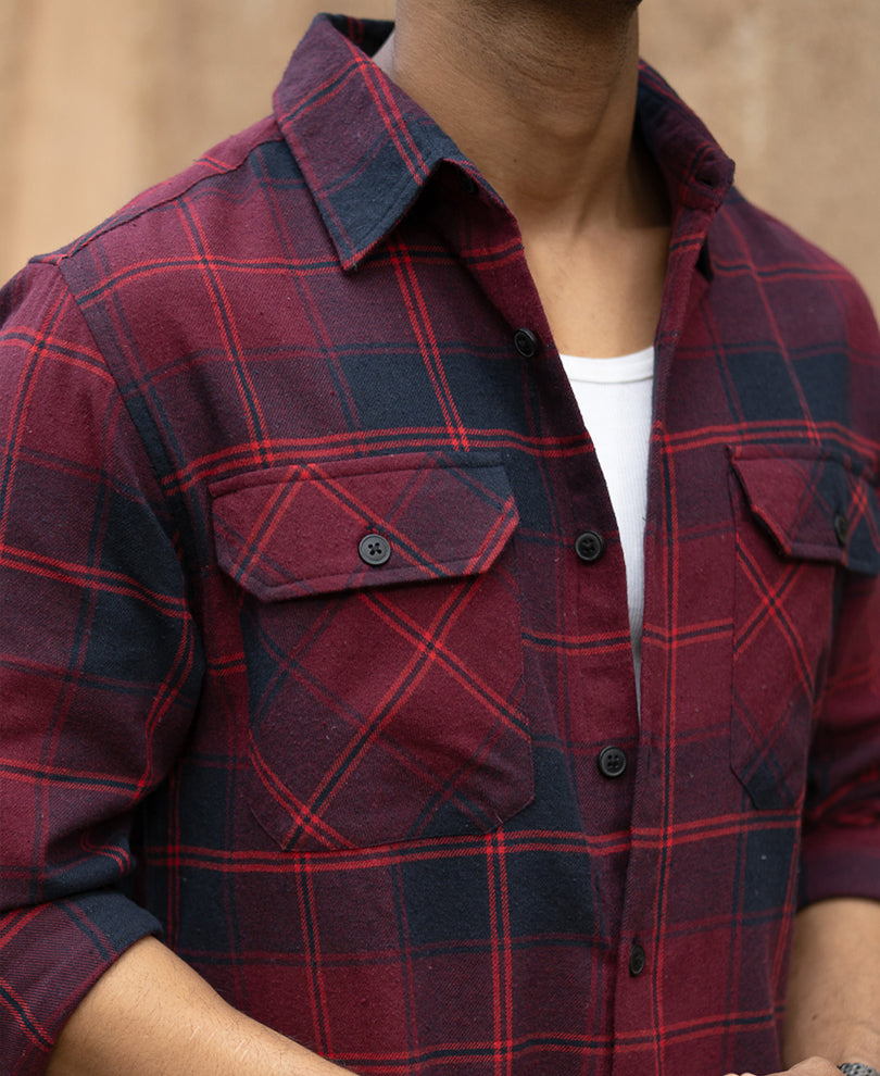Wine Check Shirt With Pockets.