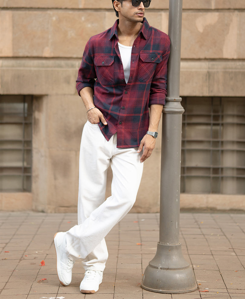 Wine Check Shirt With Pockets.