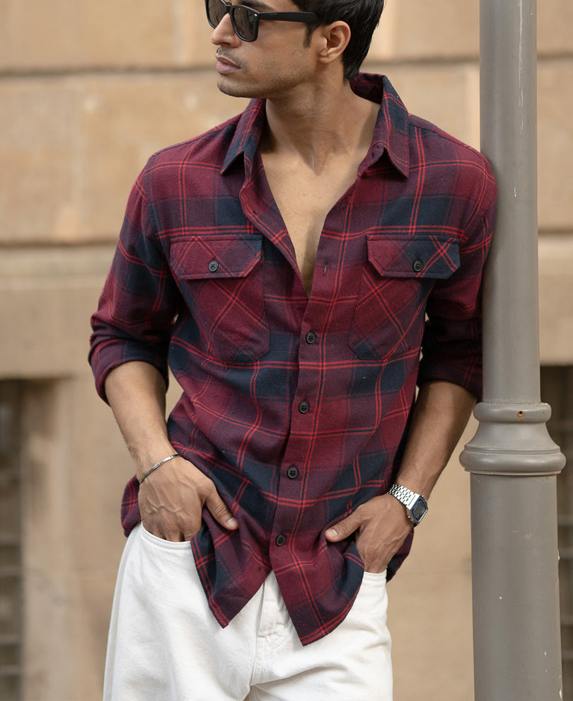 Wine Check Shirt With Pockets.