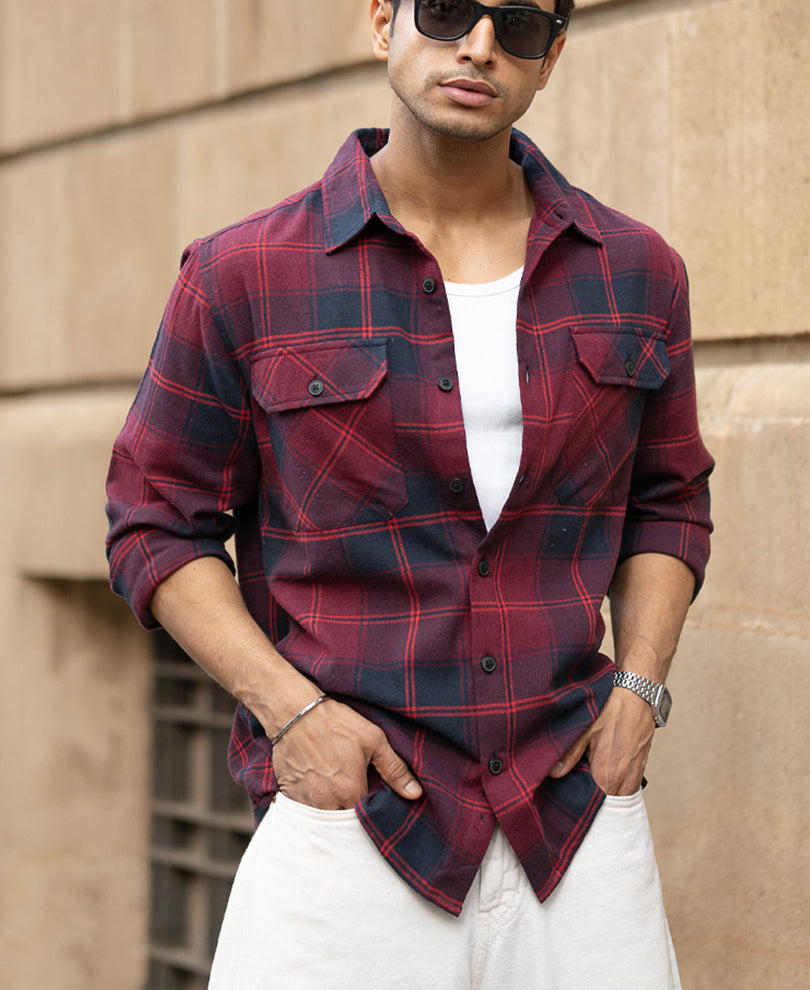 Wine Check Shirt With Pockets.