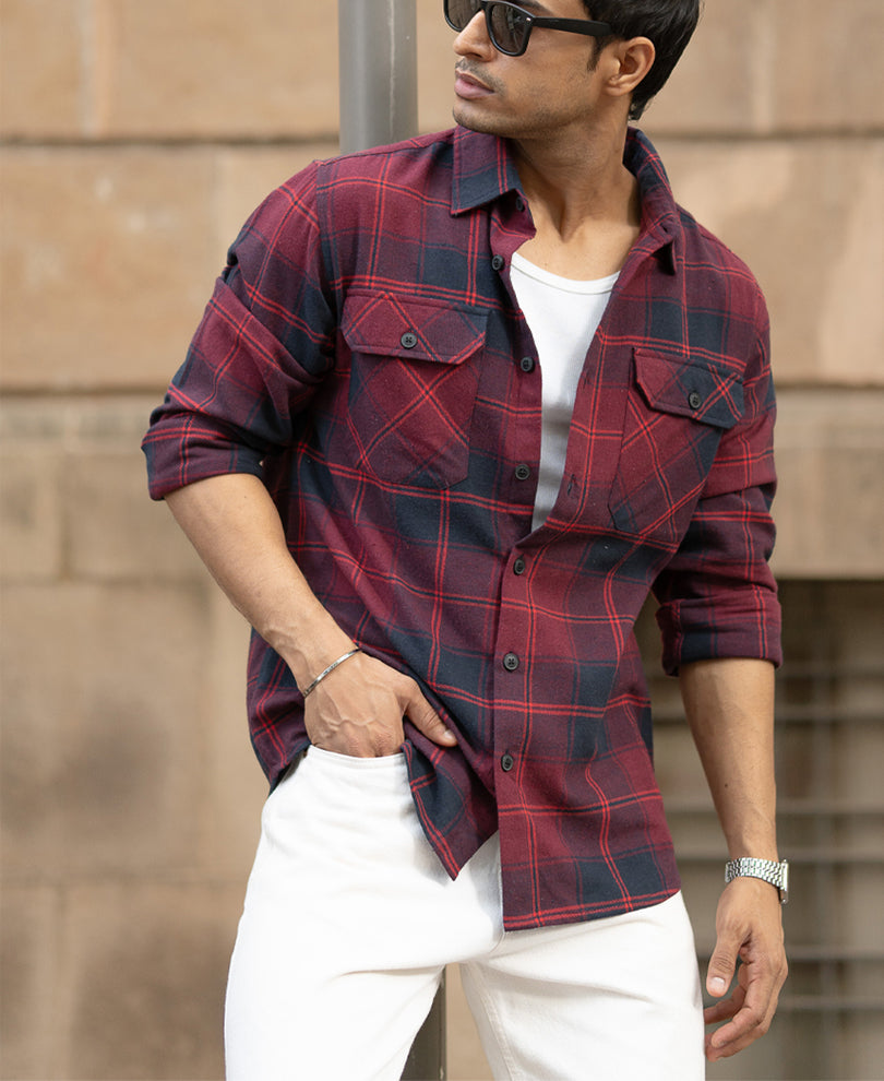 Wine Check Shirt With Pockets.