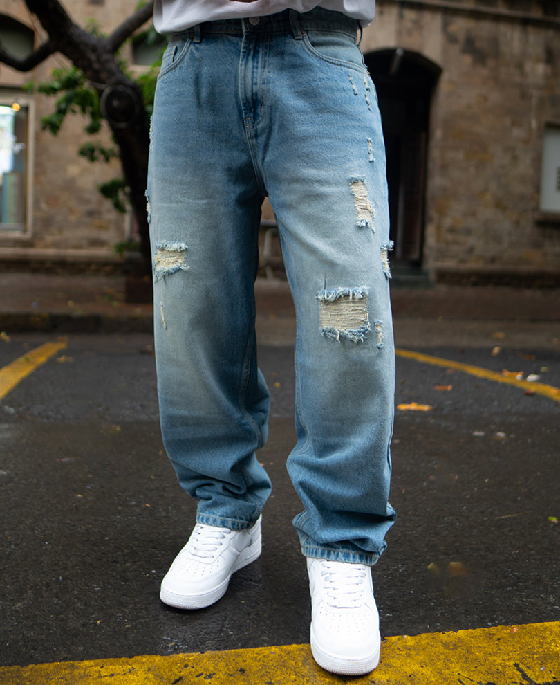 Blue Baggy Ripped Jeans.