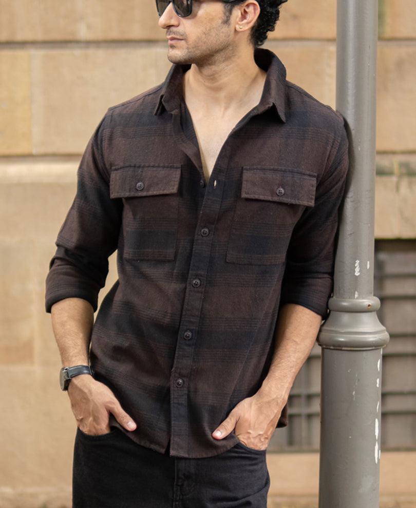 Dark Brown Brushed Checks Shirt.