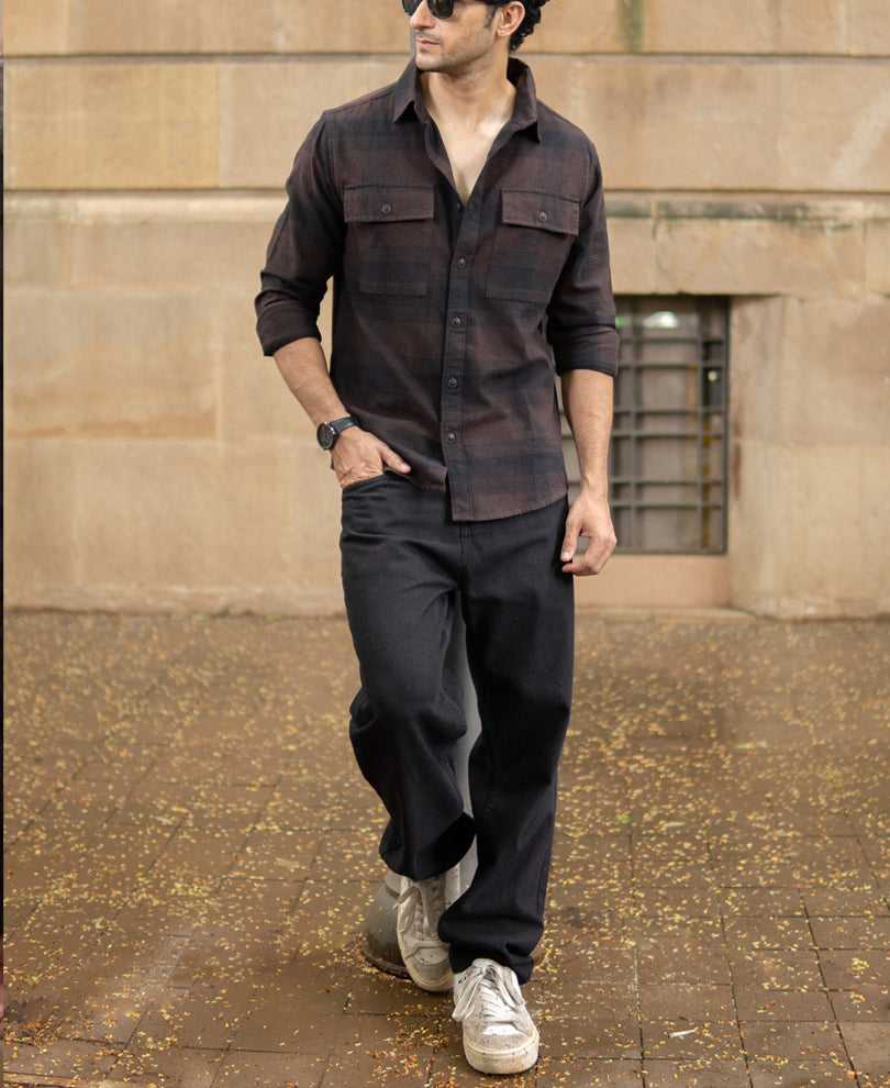 Dark Brown Brushed Checks Shirt.