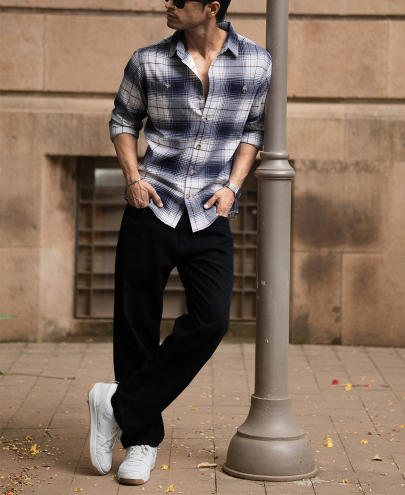 Navy And White Checks Shirt.