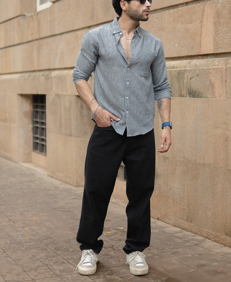 Light Grey Slub Textured Full Sleeves Shirt.