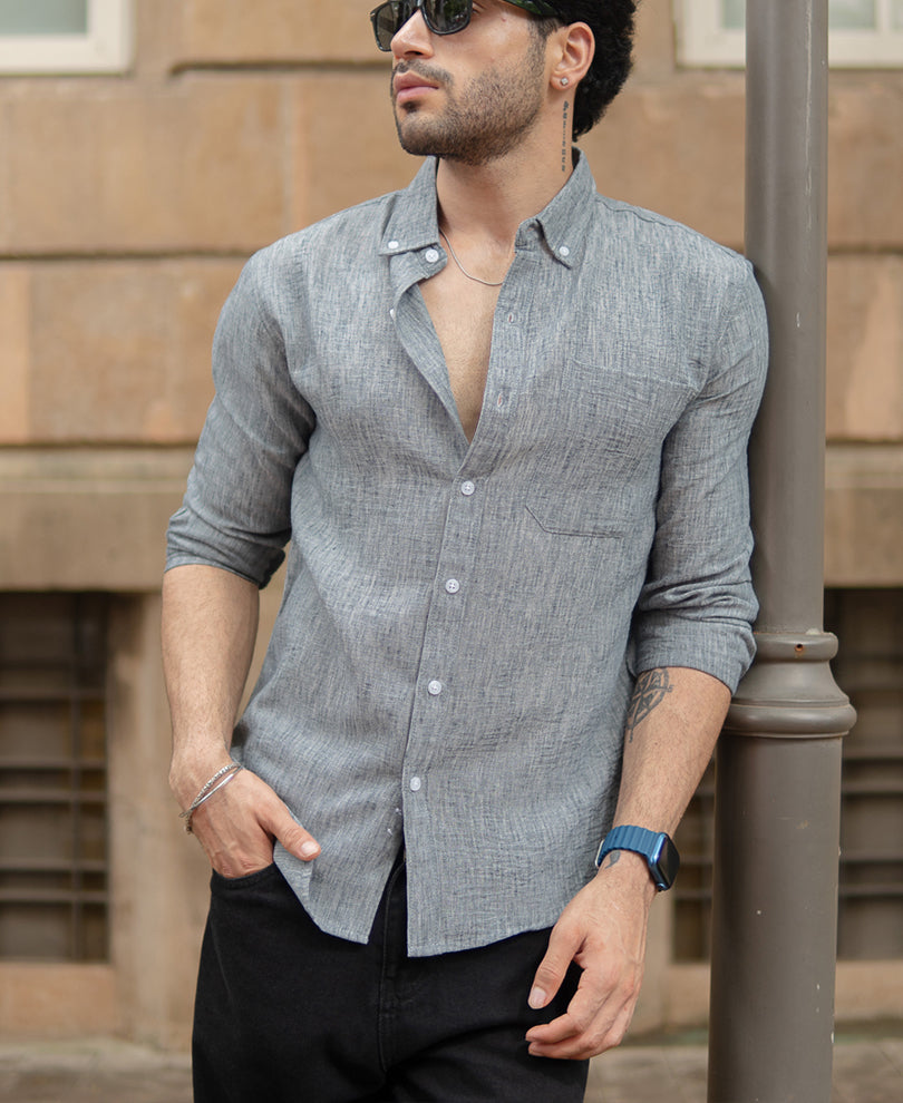 Light Grey Slub Textured Full Sleeves Shirt.