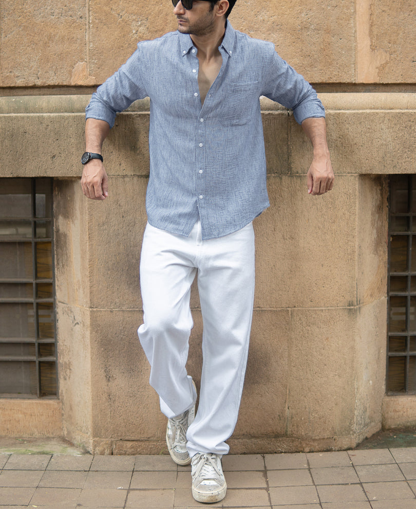 Dark Blue Slub Textured Shirt.