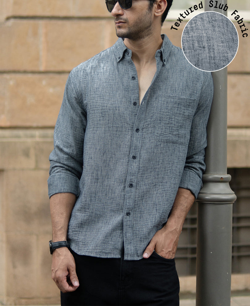 Dark Grey Slub Textured Shirt.