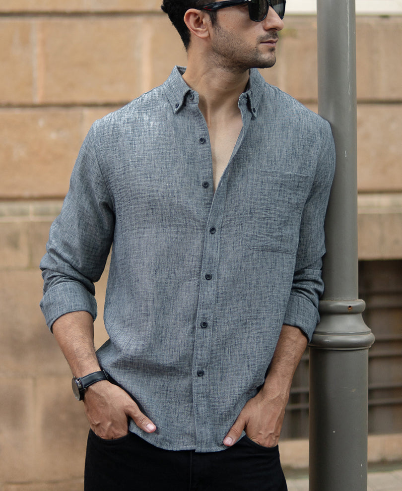 Dark Grey Slub Textured Shirt.