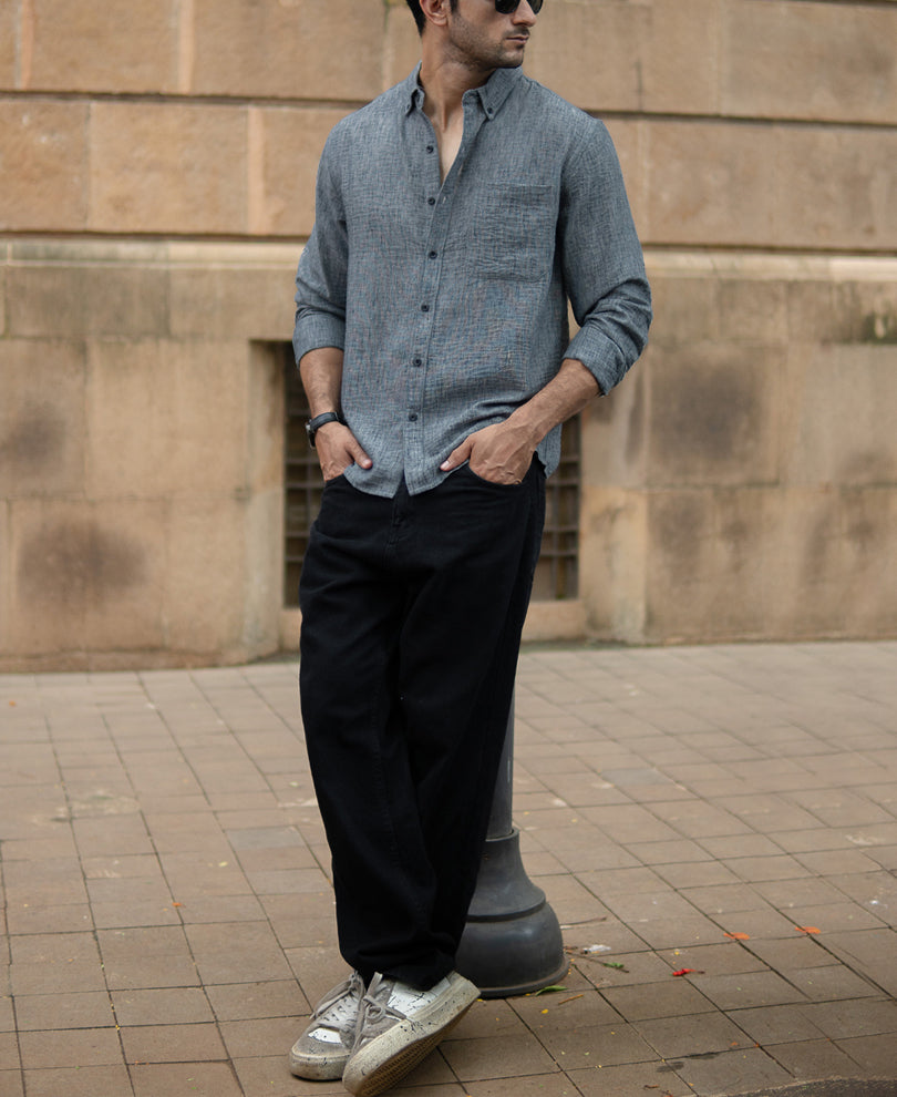 Dark Grey Slub Textured Shirt.