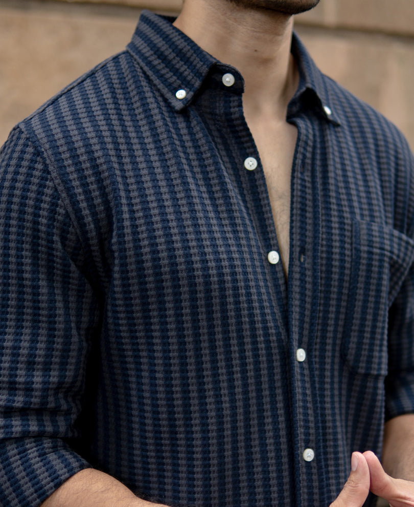 Grey Knit Structured Stripe Shirt.