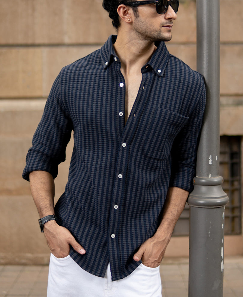 Grey Knit Structured Stripe Shirt.