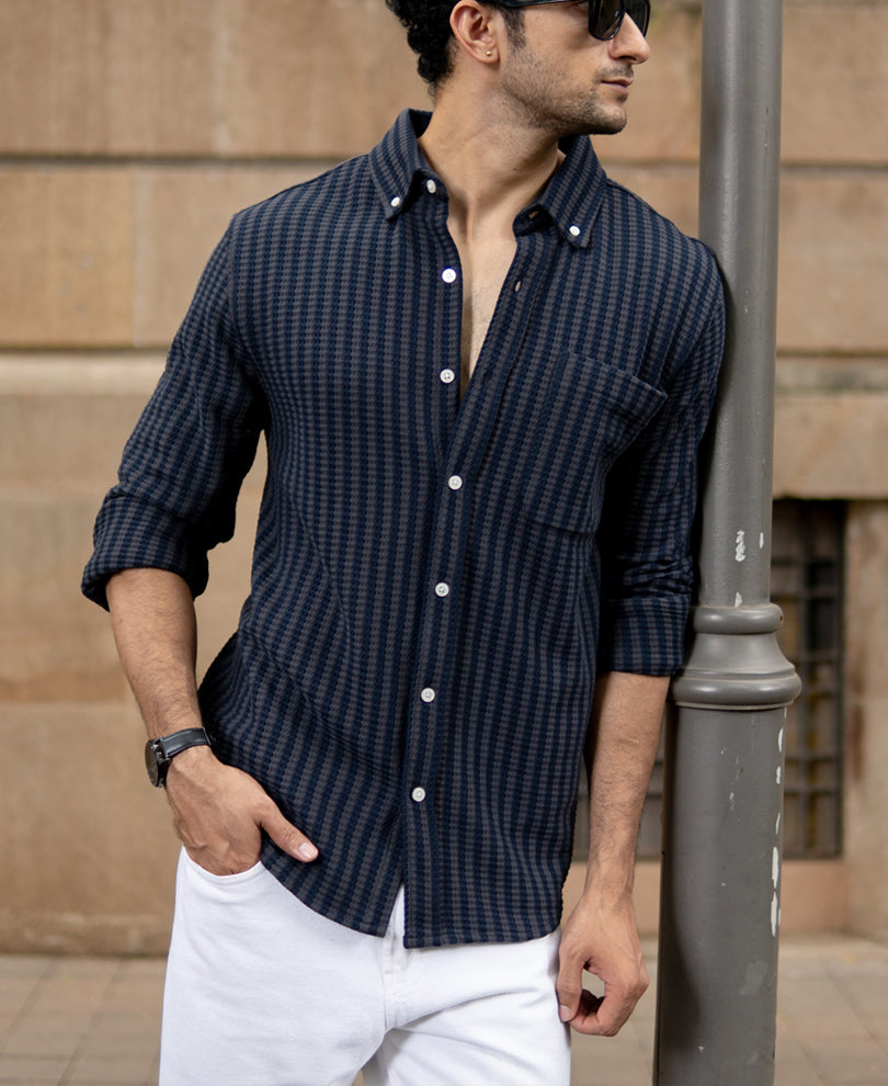 Grey Knit Structured Stripe Shirt.