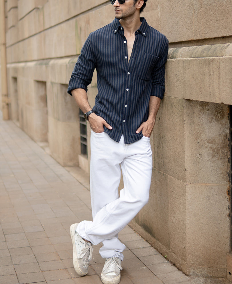 Grey Knit Structured Stripe Shirt.