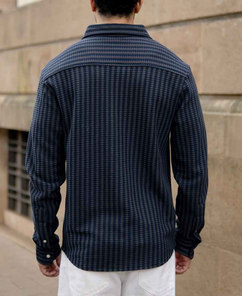 Grey Knit Structured Stripe Shirt.